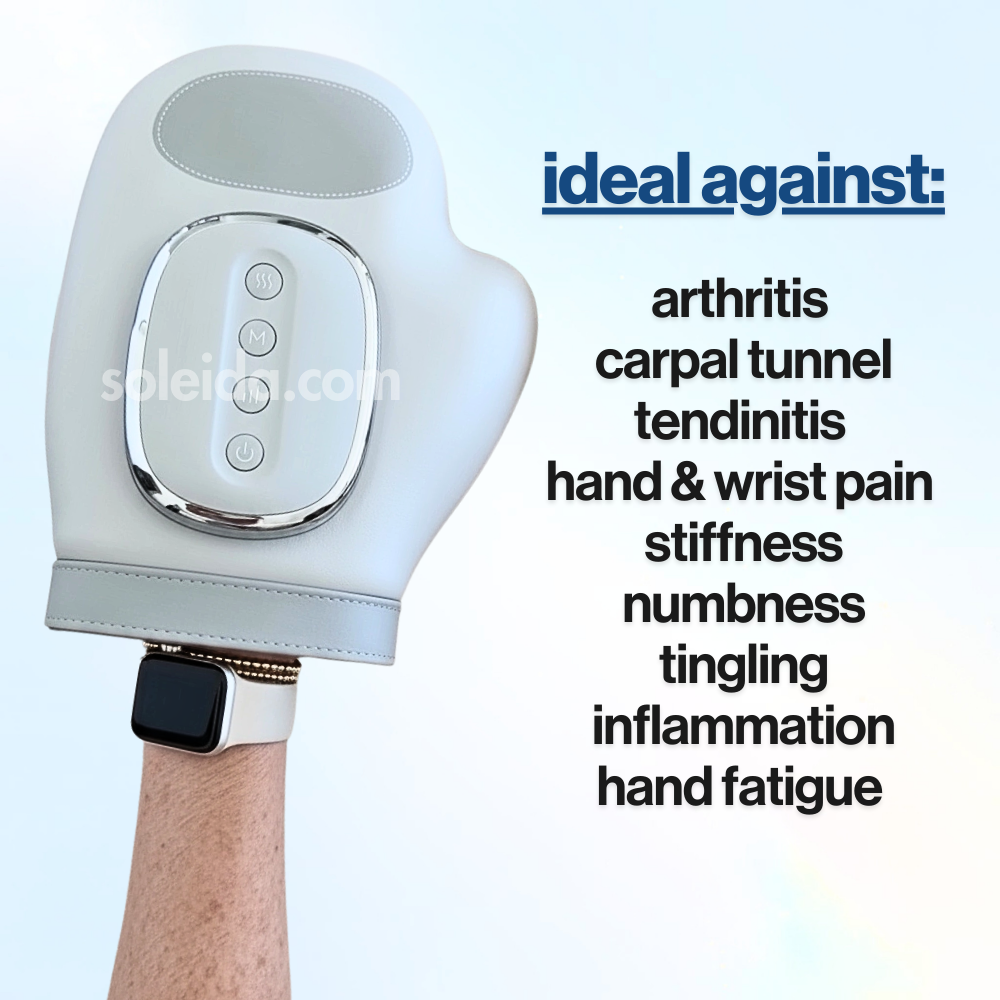 Older woman placing the Haven 3-in-1 Hand Therapy Massager on kitchen before use your hands