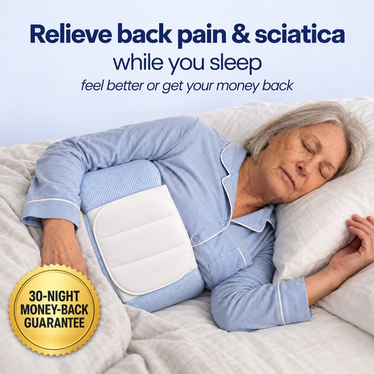 Woman asleep on her side wearing the Core 2.0 Back Support Pillow