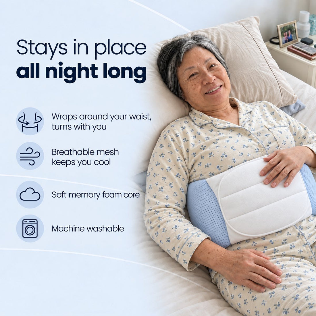 Stays in place all night, breathable and machine washable