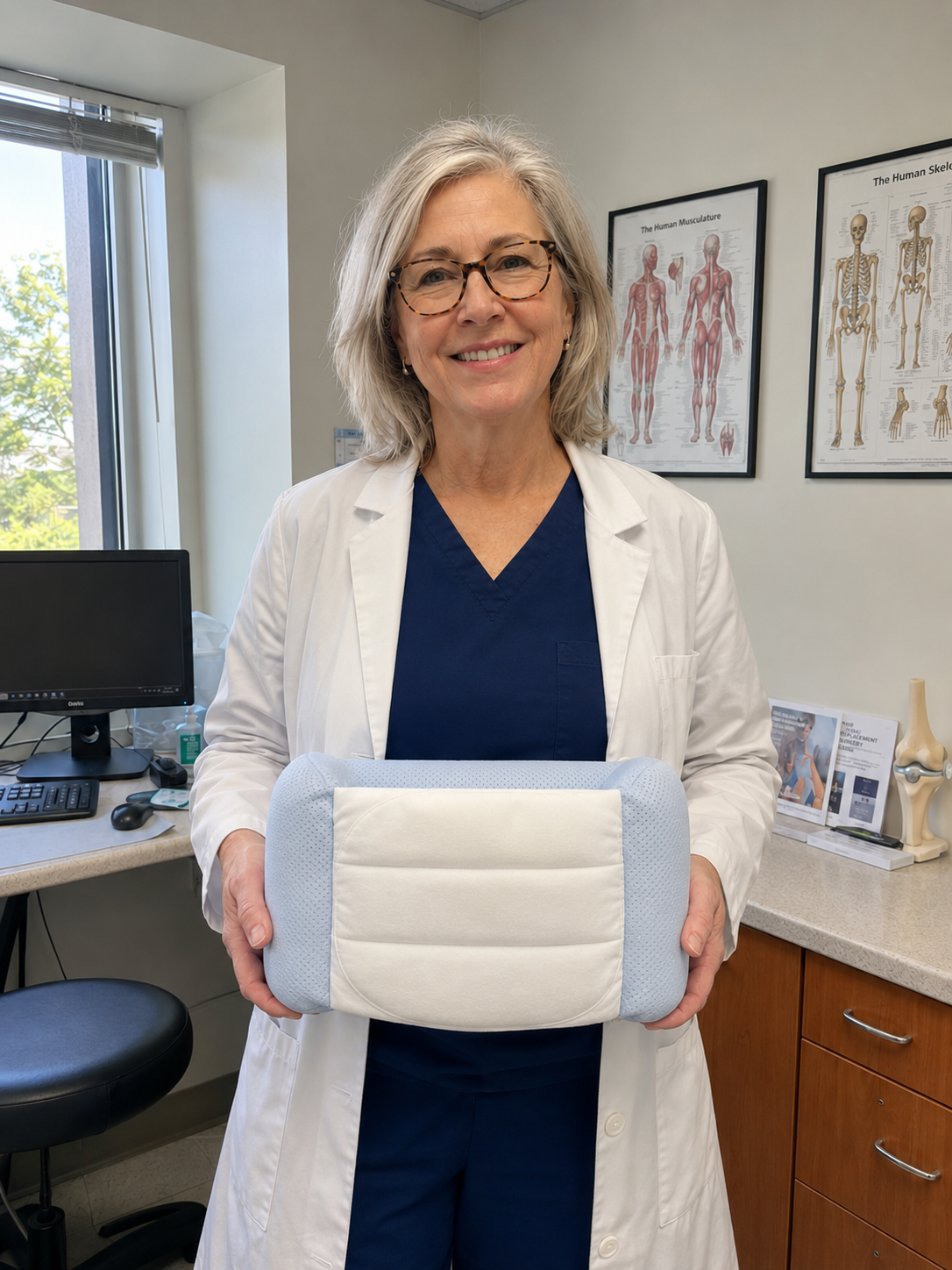 Dr. Susan Rowan holding and recommending the Soleida Core 2.0 pillow
