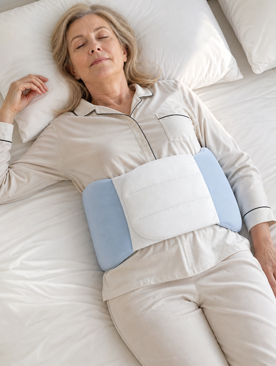 Premium floating render of thick pale-blue and white wraparound waist sleep cushion