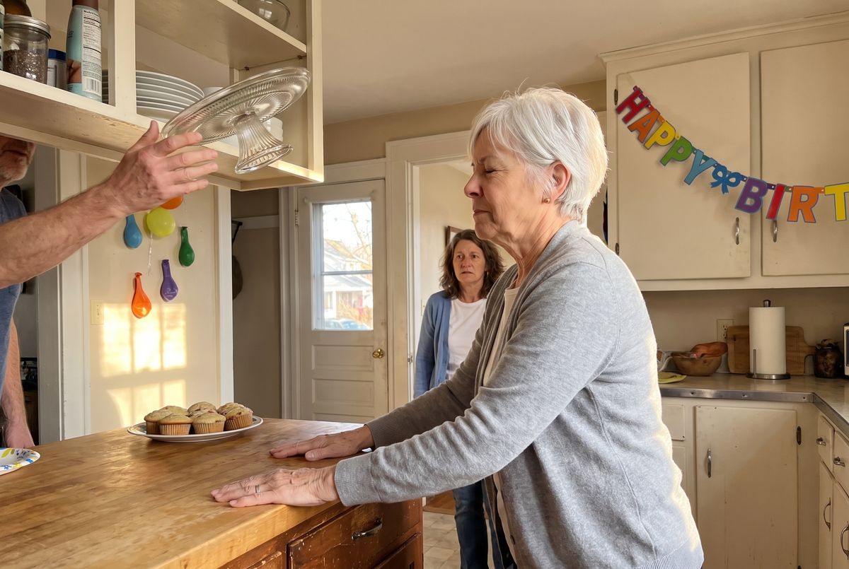 Joyce grips the counter at her great-granddaughter's birthday