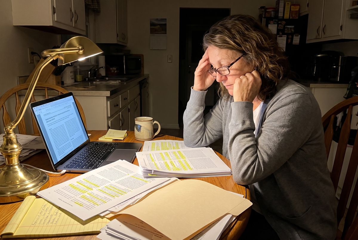 Denise researching at the kitchen table at night