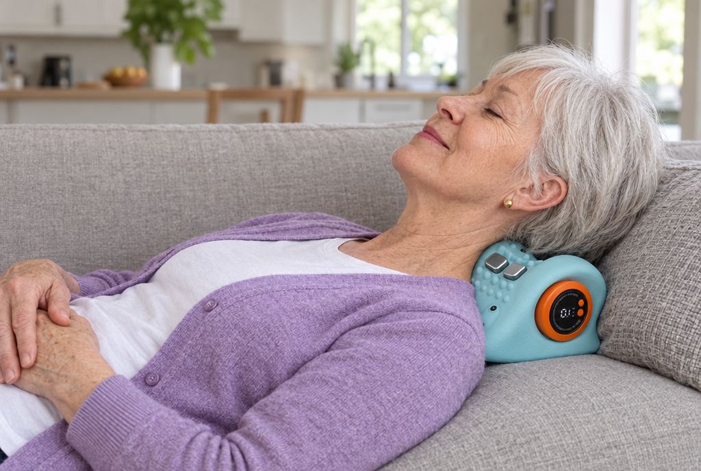 Joyce resting on the original blue Neck Therapy Pro